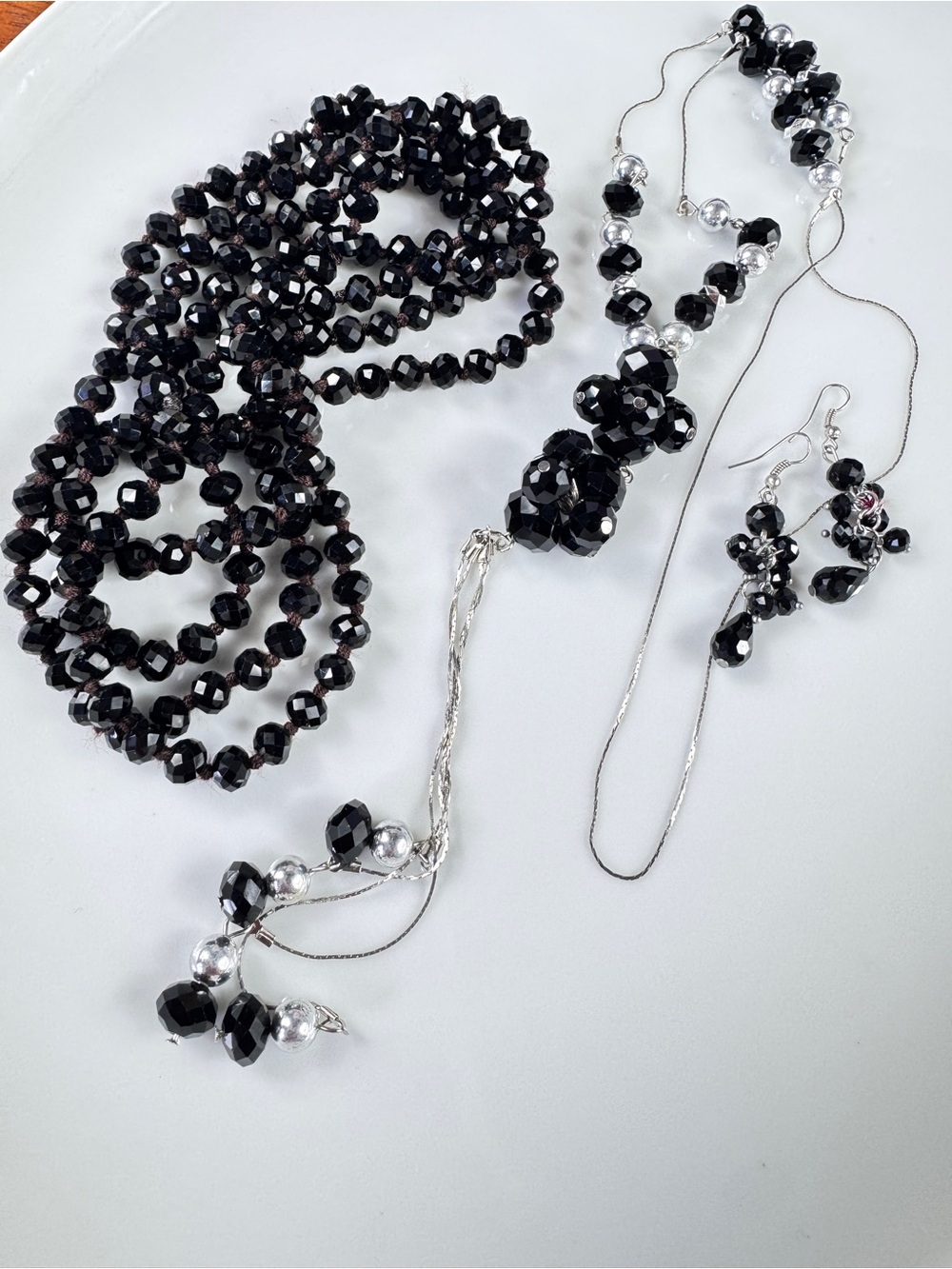 3 Piece LOT Elegant Black Glass Beaded Necklaces and Earrings Set